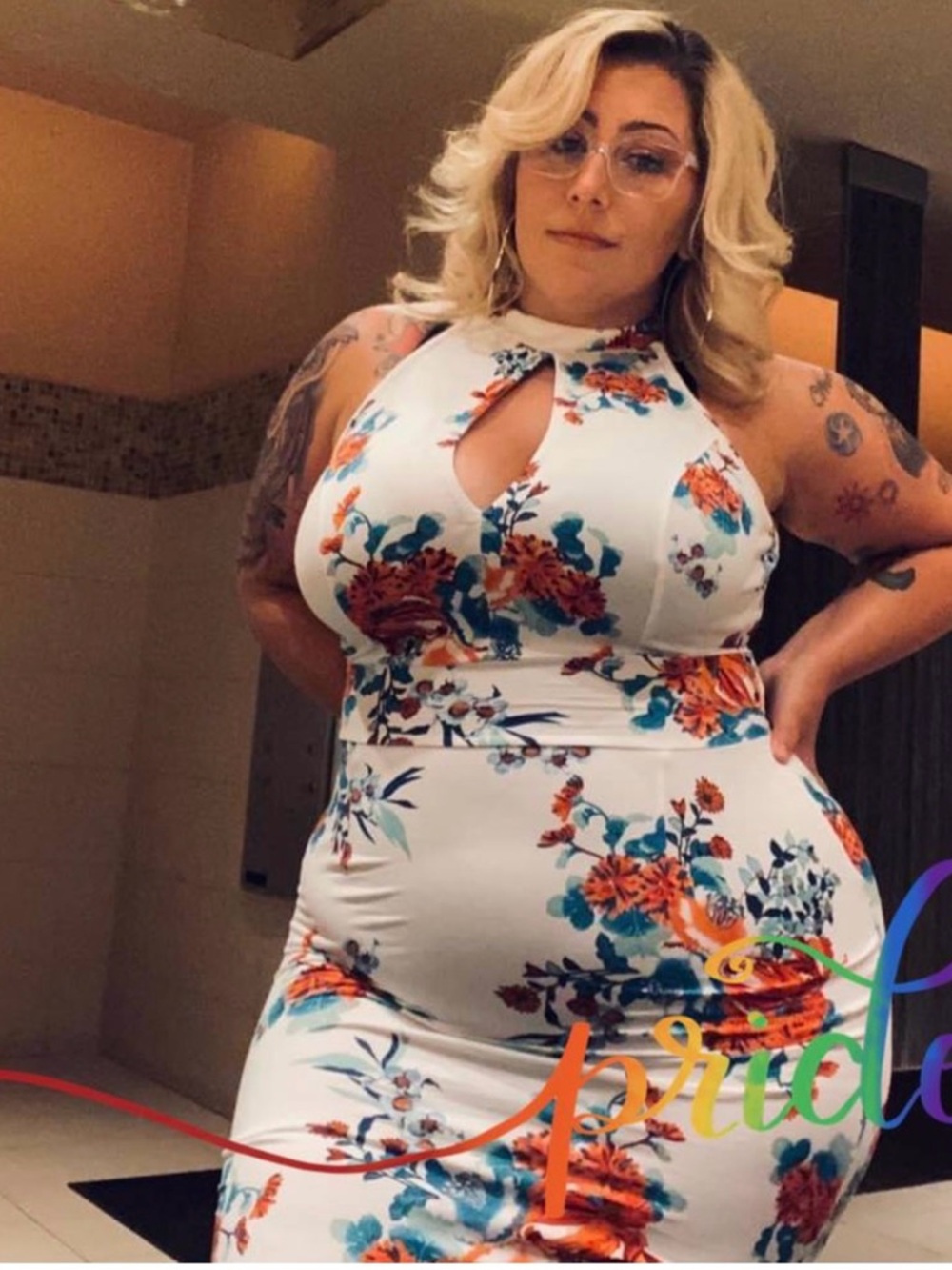 Floral White Keyhole Midi Dress with Teal & Orange Blooms